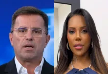 Rodrigo Bocardi e Carol Lekker em montagem de fotos dos bastidores da televisão.