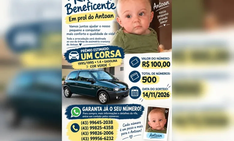 Borrazópolis: Rifa solidária busca recursos para tratamento de bebê de oito meses 1 Carro Corsa verde modelo 1995 sorteado em rifa solidária em Borrazópolis