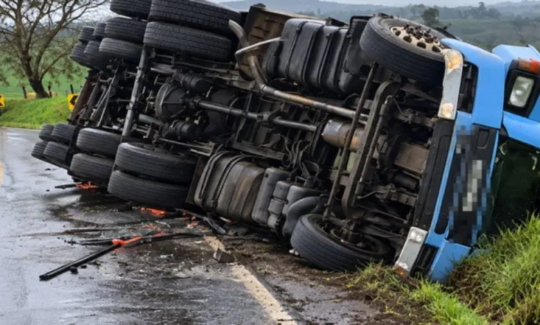 Carreta tombada à margem de rodovia estadual