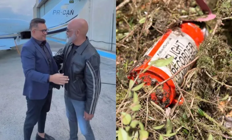 Caixa-preta de helicóptero que transportava cantor Rick é encontrada em Santa Catarina 1 Destroços de helicóptero em área de mata