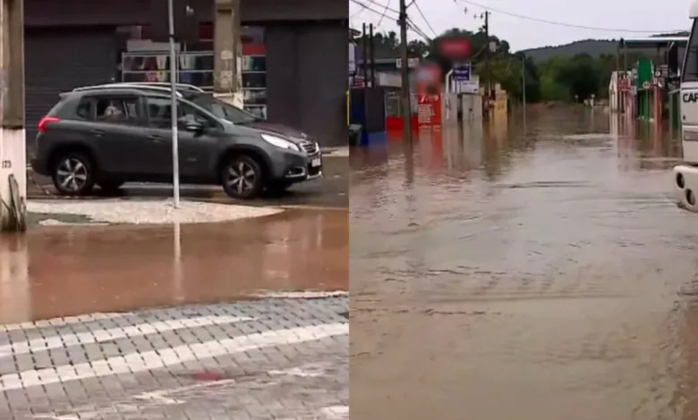 Ruas alagadas em Almirante Tamandaré devido à chuva forte