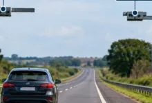 Placa de sinalização de rodovia com radar