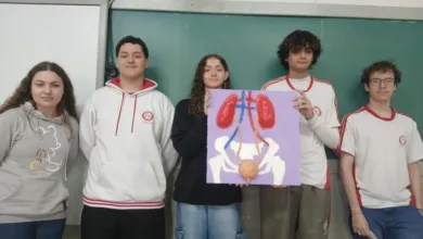 Estudantes em sala de aula participando de atividade prática de biologia