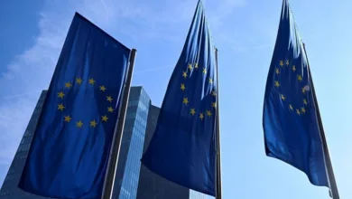 PMI de serviços da zona do euro cai a 51,6 em agosto 3 Bandeira da União Europeia e prédios corporativos