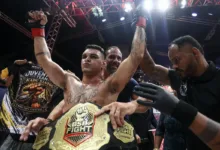 Lutador comemora vitória no octógono do BSB Fight 7 em Samambaia