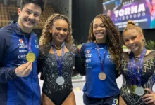 Ginastas brasileiros competindo em etapa da Copa do Mundo