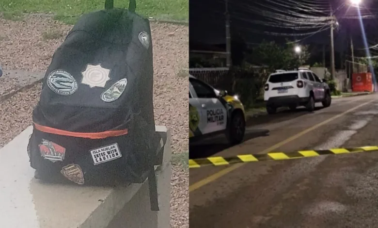 Mochila abandonada sobre banco em praça de Curitiba